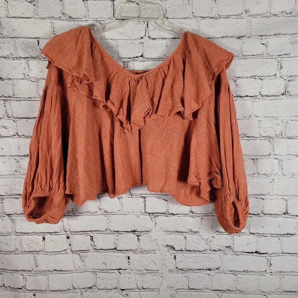 Free People – Zuri Orange Gauze Open Back Ruffle Puff Sleeve Crop‎ Blouse Size S